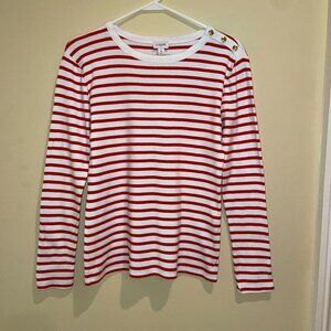 J.CREW Women's Oska Stripe White and Red with 3 Gold Button-shoulder Tee Size M